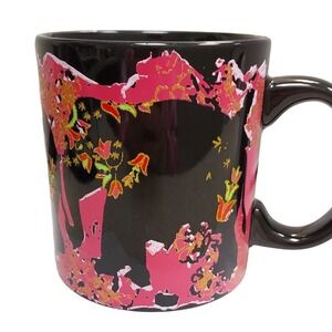 Black Ceramic Mug Vibrant Pink Oriental Floral Gold Glitter Design Coffee Tea